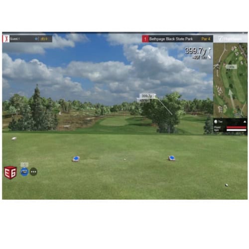 High-quality golf simulator screen showing a clear virtual golf course with accurate distance measurement tools, perfect for indoor golf practice and training.