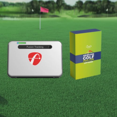 Fusion Tracking golf simulator sensor with software box on a golf course green, ideal for indoor and outdoor golf practice.