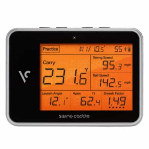 Golf simulator swing analysis device displaying shot parameters including carry distance, swing speed, ball speed, launch angle, and smash factor for improved golf game performance.