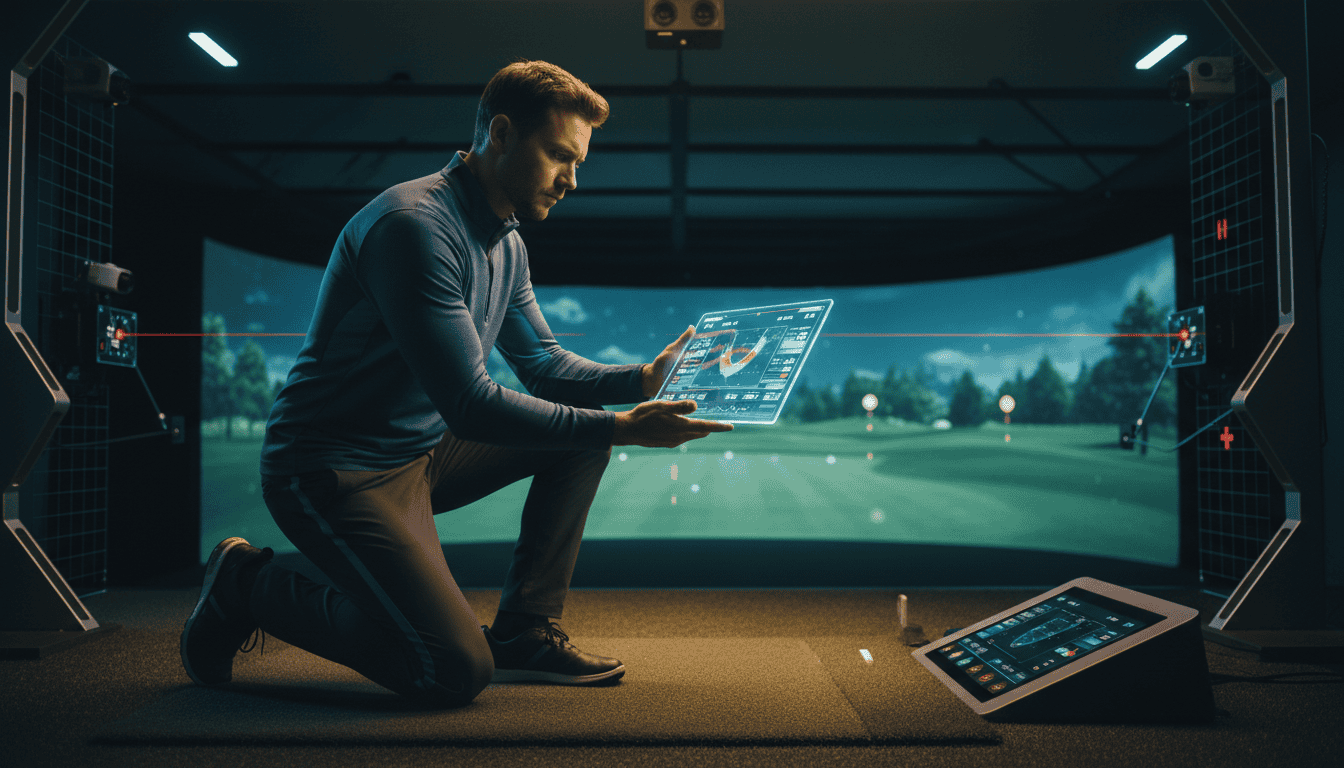 Man using advanced golf simulator with digital screen and sensors in a high-tech indoor golf training facility. Perfect for golf practice, analysis, and improving skills.