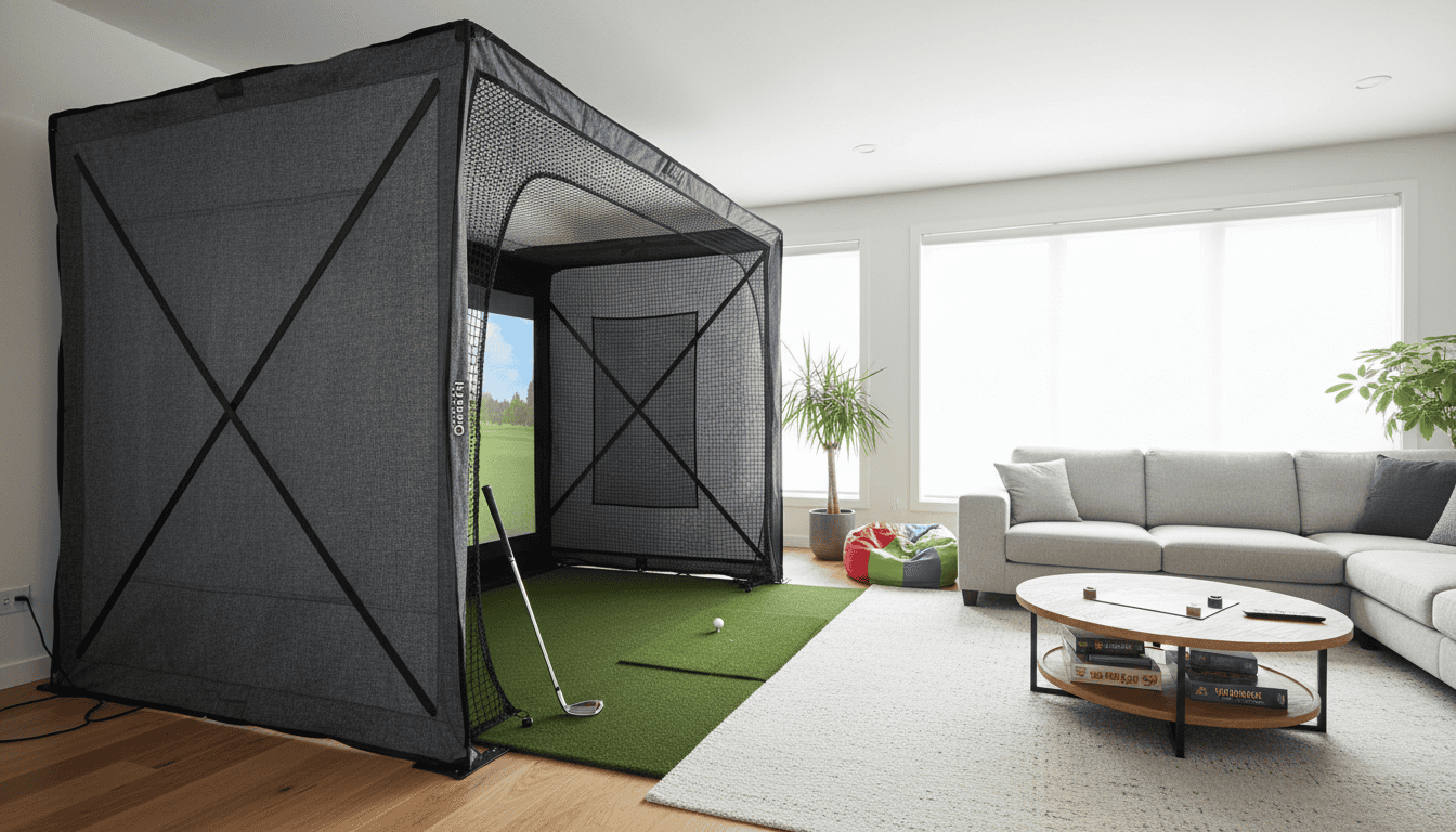 Modern indoor golf simulator enclosed in a black tent with a hitting mat, situated in a bright living room with large windows, plants, and comfortable seating.