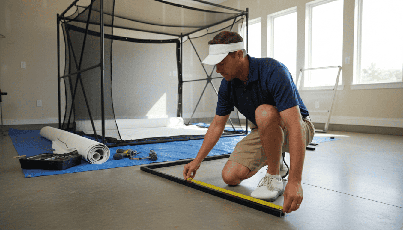 Man setting up a golf simulator indoors with a hitting net, mat, and projector for home golf practice and simulation.