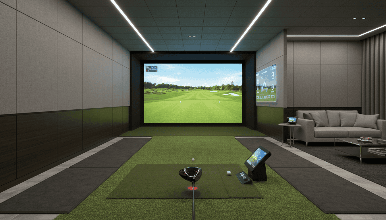 Indoor golf simulator room featuring a high-definition screen, putting mat, and advanced tracking technology for realistic golf practice and training.