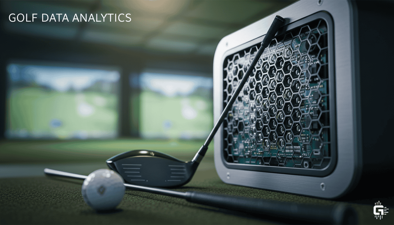 Advanced golf simulator with data analytics technology, featuring a high-tech sensor system and a golf club, ideal for improving your golf game indoors.
