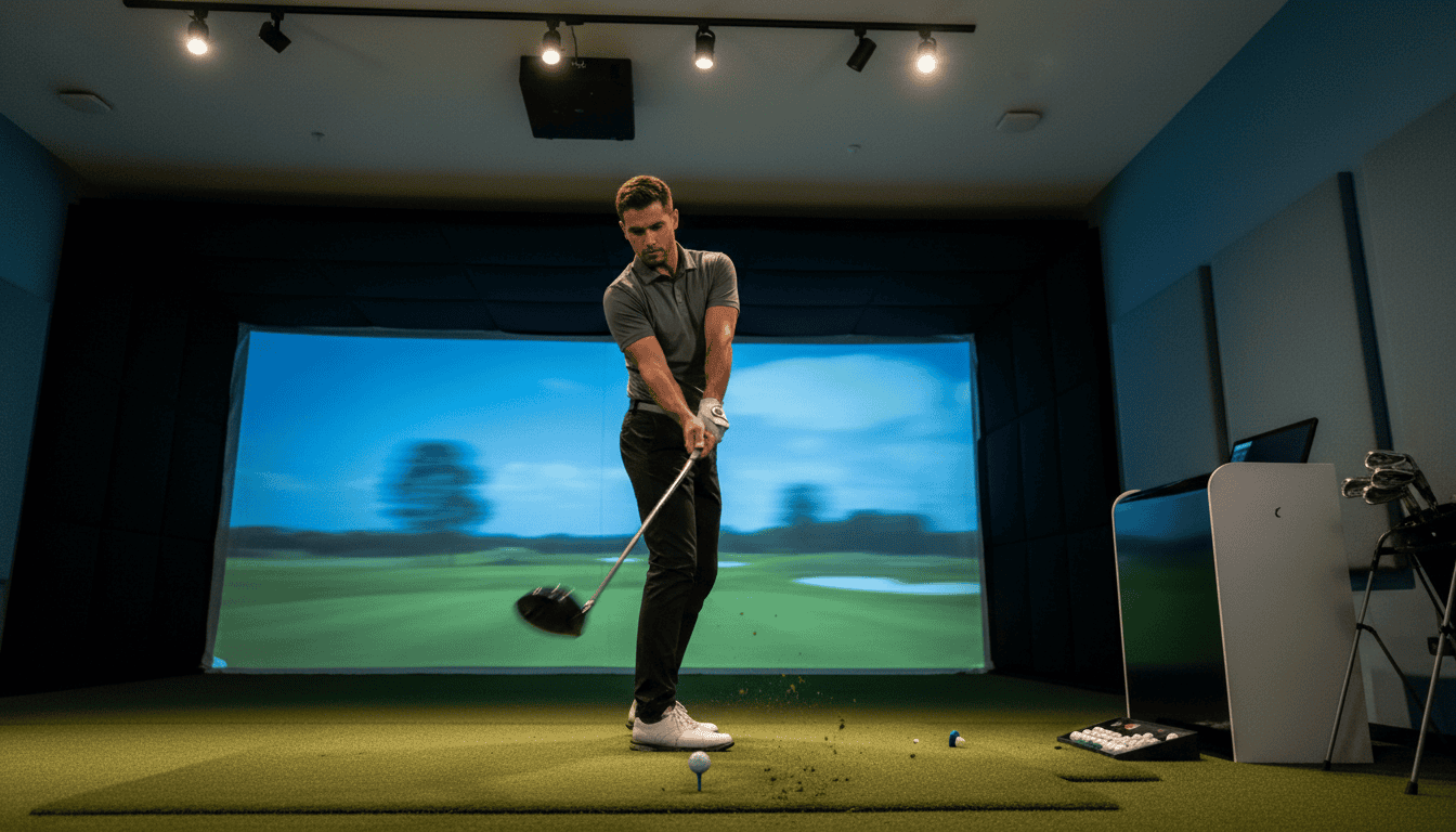 Indoor golf simulator with a player practicing his swing and shot accuracy. The high-tech setup includes a large screen displaying a realistic golf course, perfect for improving skills indoors.