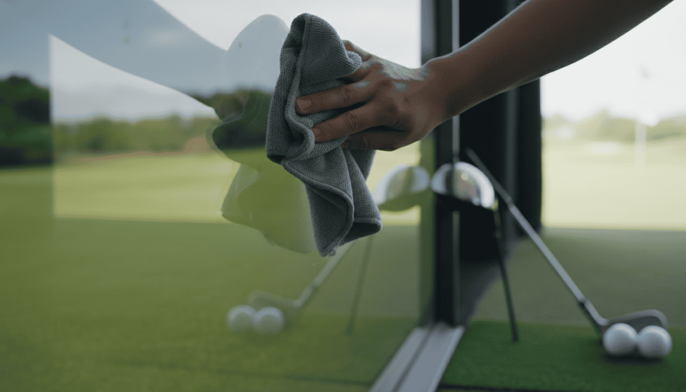 Person cleaning the glass of a golf simulator with a cloth, ensuring clear visibility for accurate virtual golf practice.