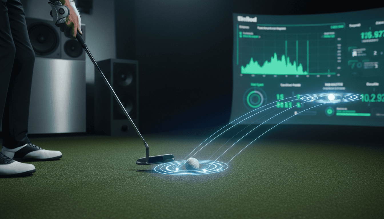 Indoor golf simulator setup with launch monitor and data analytics, showcasing advanced technology for improving golf skills in a controlled environment.