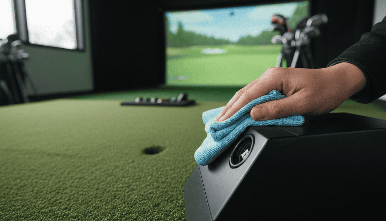 Indoor golf simulator setup with a person cleaning the launch monitor, featuring a screen displaying a golf course, perfect for practicing golf skills indoors.