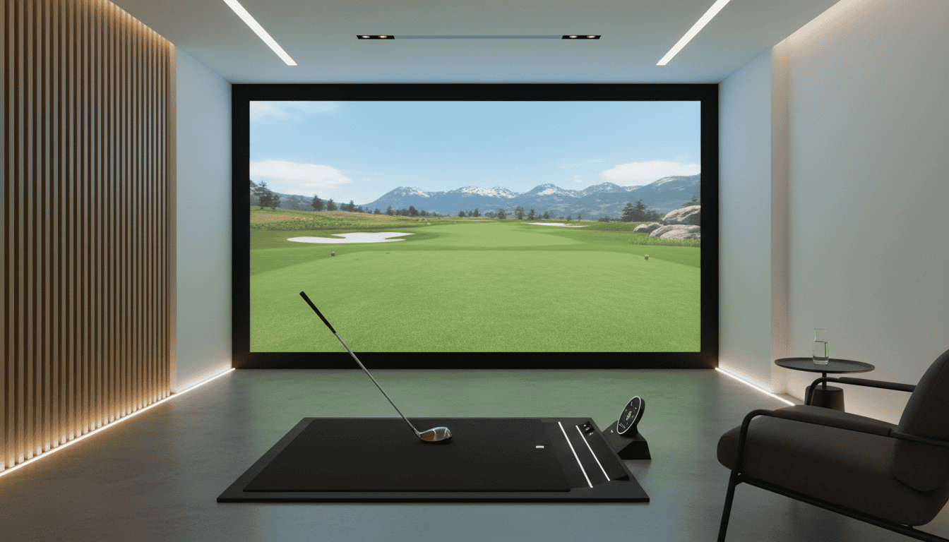 Modern golf simulator room featuring a large screen displaying a realistic golf course, with a hitting mat and golf club ready for practice or play. Perfect for indoor golf training and entertainment.