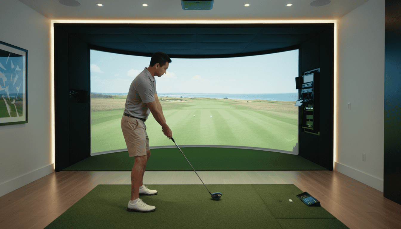 Man practicing golf swing in a high-tech indoor golf simulator with a large curved screen displaying a realistic golf course. Perfect for golf training and entertainment at home or in a facility.