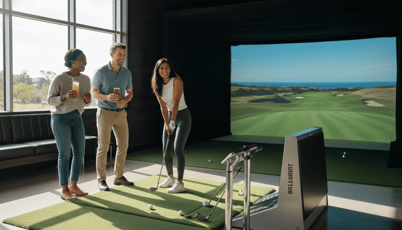 Indoor golf simulator with three people practicing and enjoying a game, featuring a large screen displaying a golf course, perfect for golf training and entertainment.