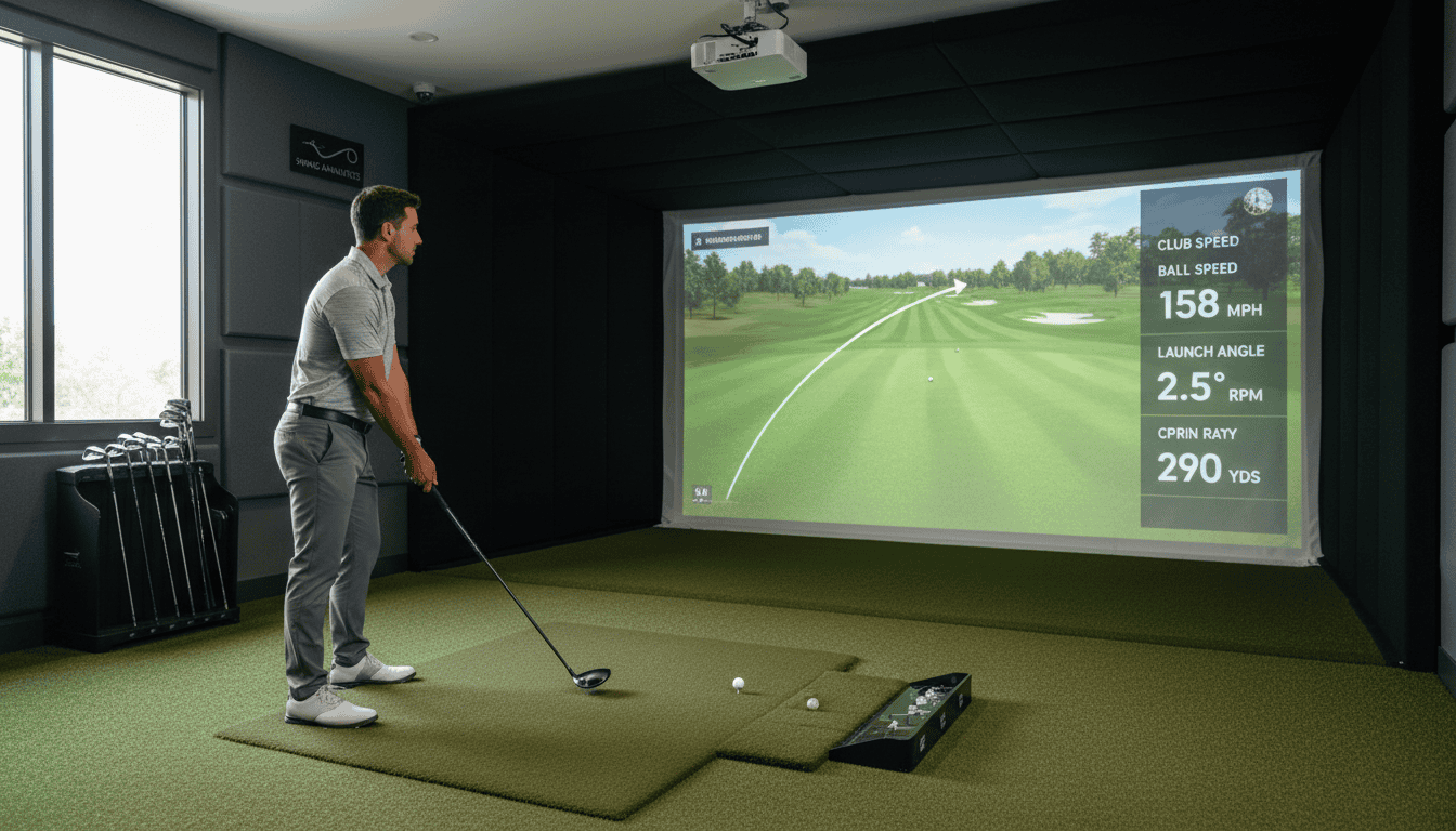 Man practicing golf swing in an indoor golf simulator room with digital display showing club speed, launch angle, and distance. Perfect for golf training and improvement.