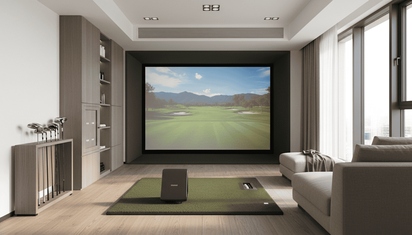 High-quality golf simulator setup in a modern indoor room with a large screen, golf mat, and seating, perfect for practicing golf indoors.