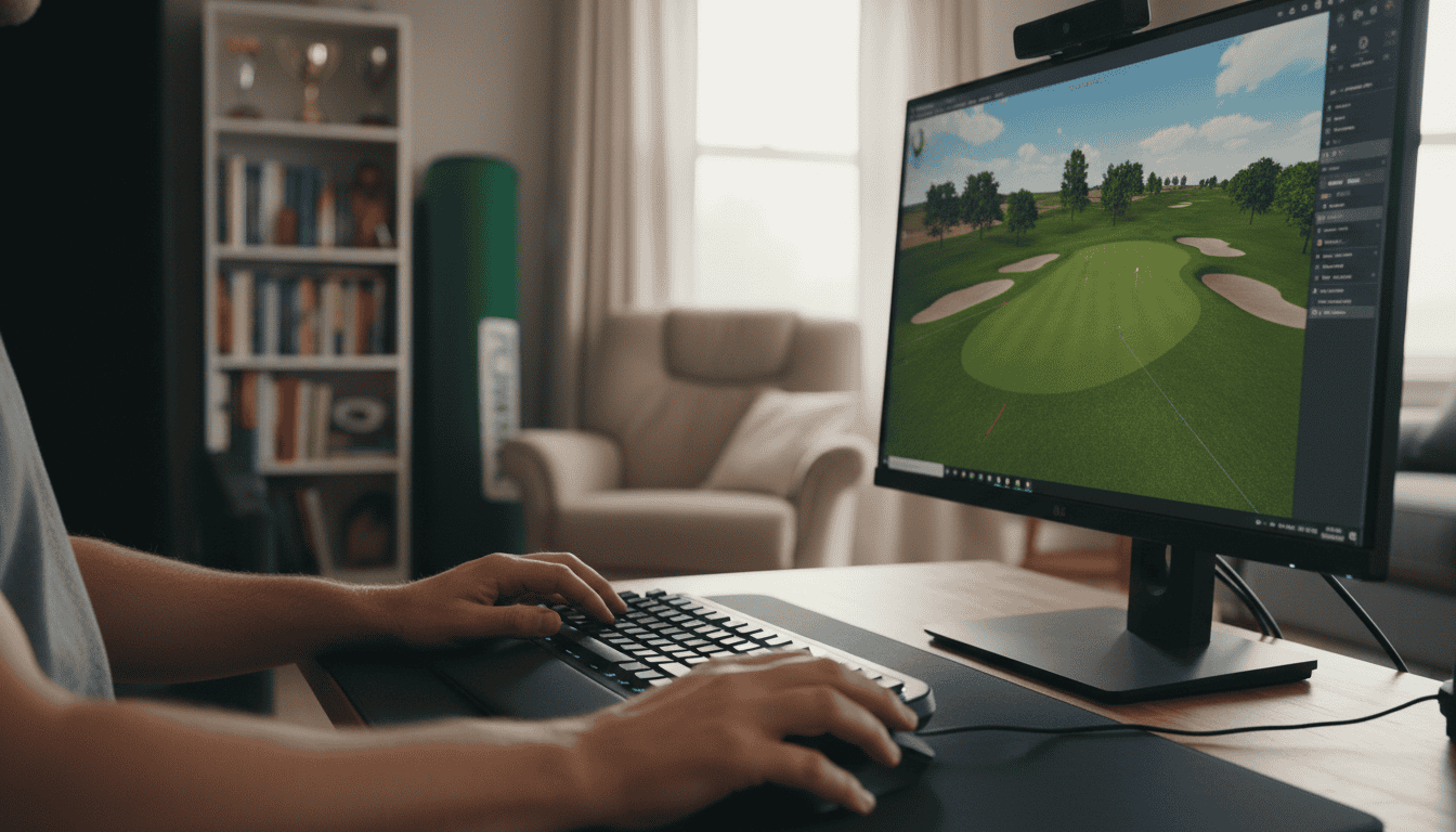 Person using a golf simulator on a computer in a cozy home office, showcasing realistic golf course graphics for indoor practice and entertainment.