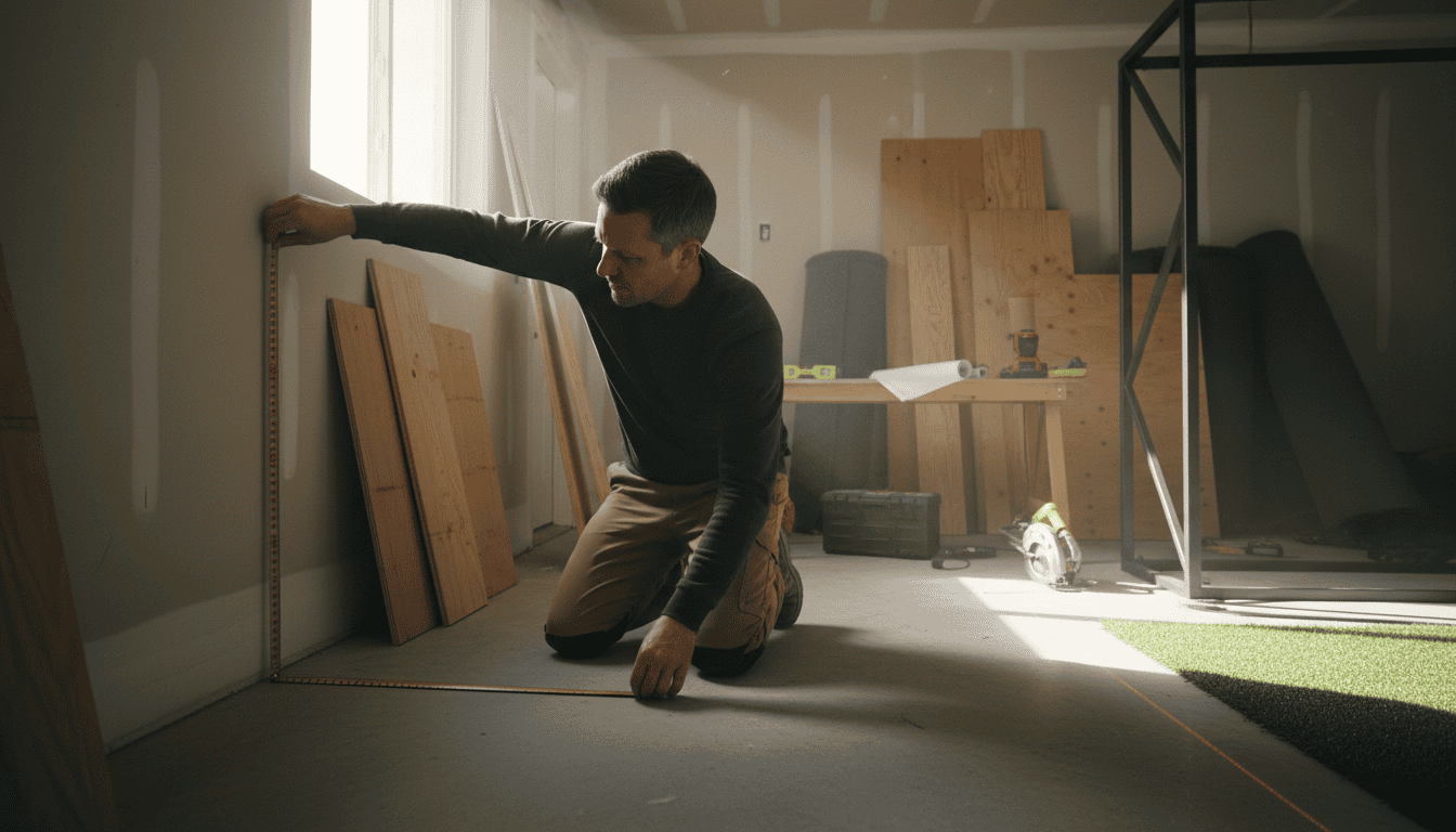 Man measuring a golf simulator room for proper setup and space planning, with wooden panels and equipment in the background.