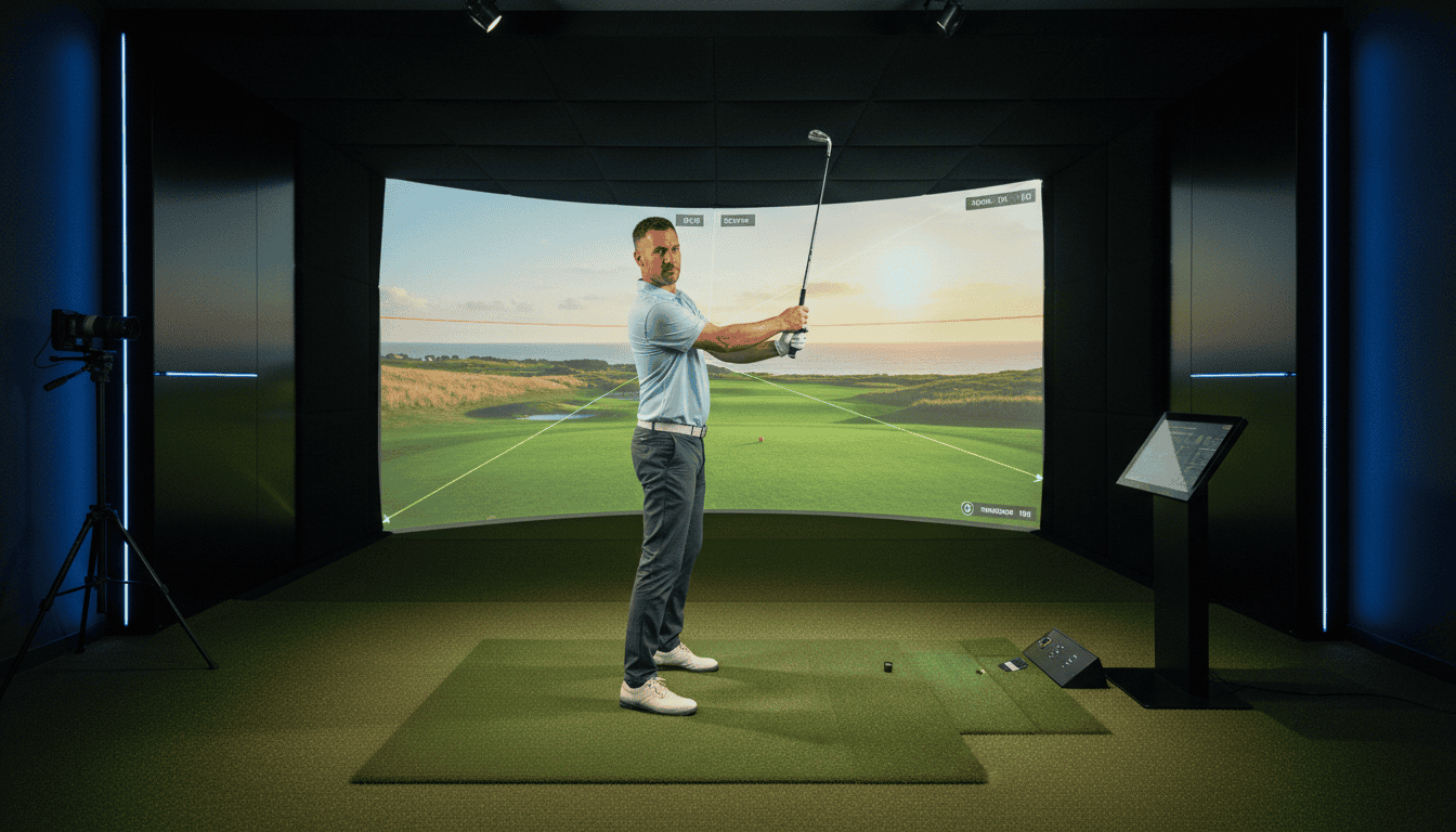 Man practicing golf swing in an indoor golf simulator with a large screen displaying a virtual golf course, ideal for golf training and entertainment.