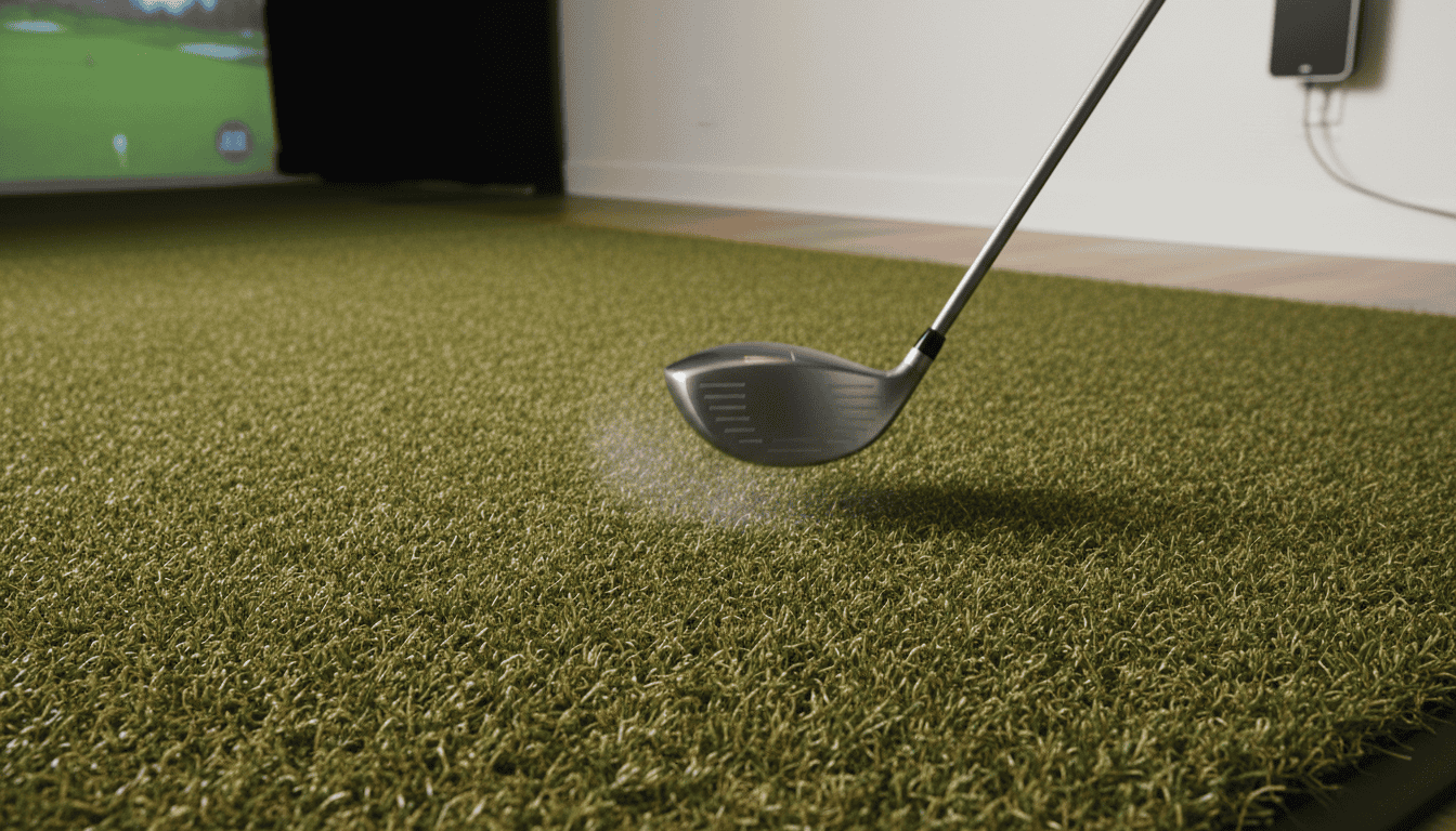 Indoor golf simulator setup with a golf club hitting a ball on artificial turf, ideal for practicing golf swings and improving skills at home or in a golf training facility.