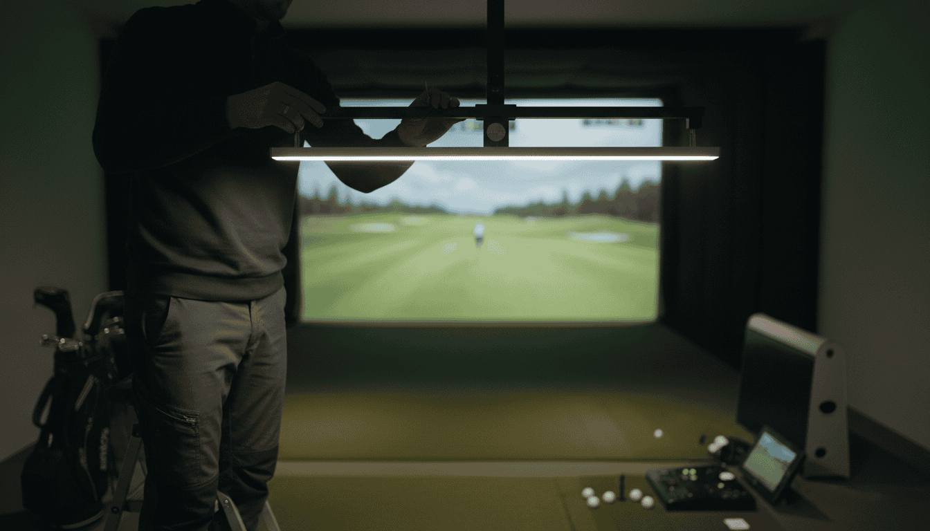 Indoor golf simulator setup with a golfer practicing on a virtual course under professional lighting.