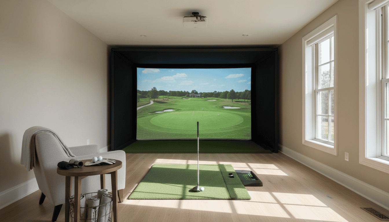 Indoor golf simulator setup in a bright, spacious room with large windows, a putting green mat, and a screen displaying a golf course for realistic practice at home.