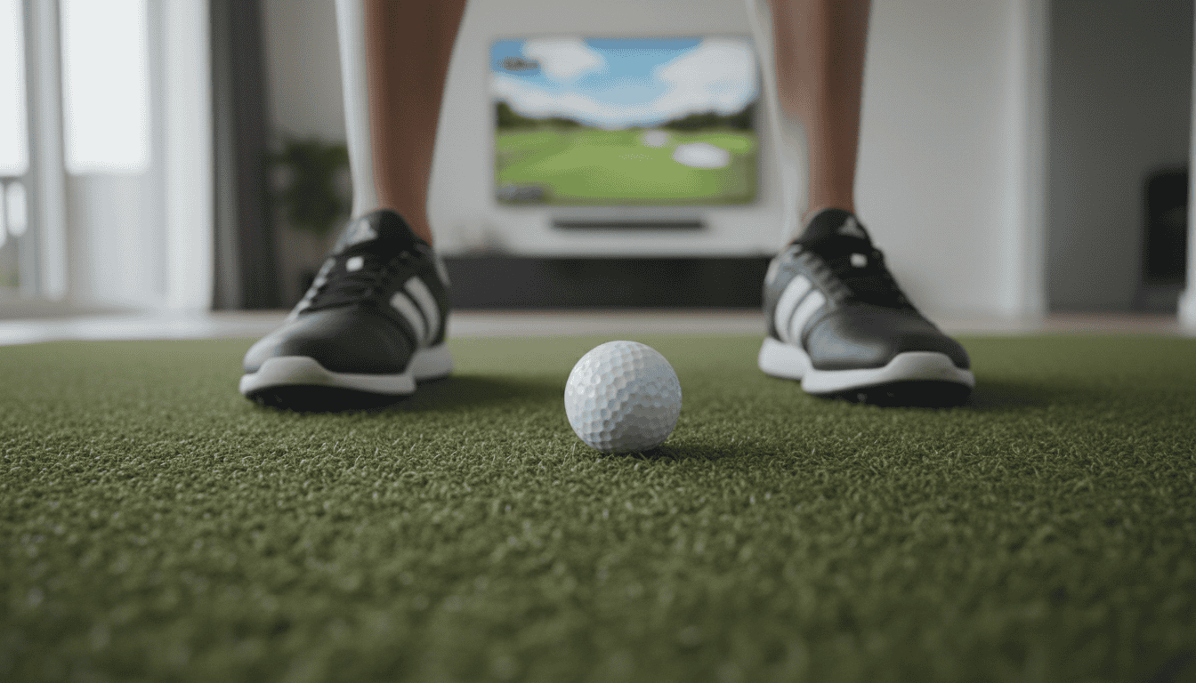 Close-up of a golf ball on an indoor putting green with a person preparing to play, featuring a golf simulator screen in the background. Perfect for golf simulator enthusiasts and indoor golf training.