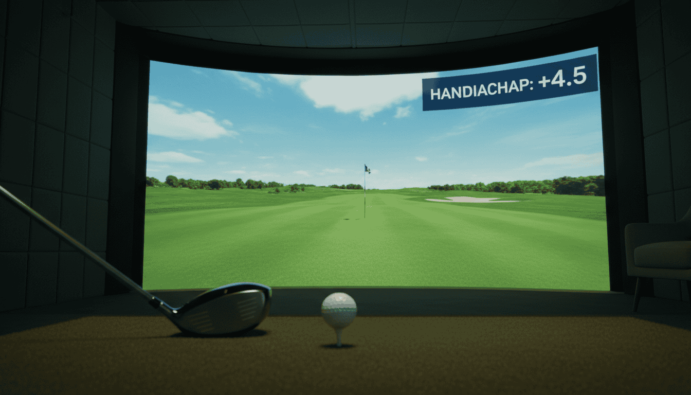 Indoor golf simulator setup with a virtual course display, golf club, and ball, ideal for practicing and improving golf skills indoors.