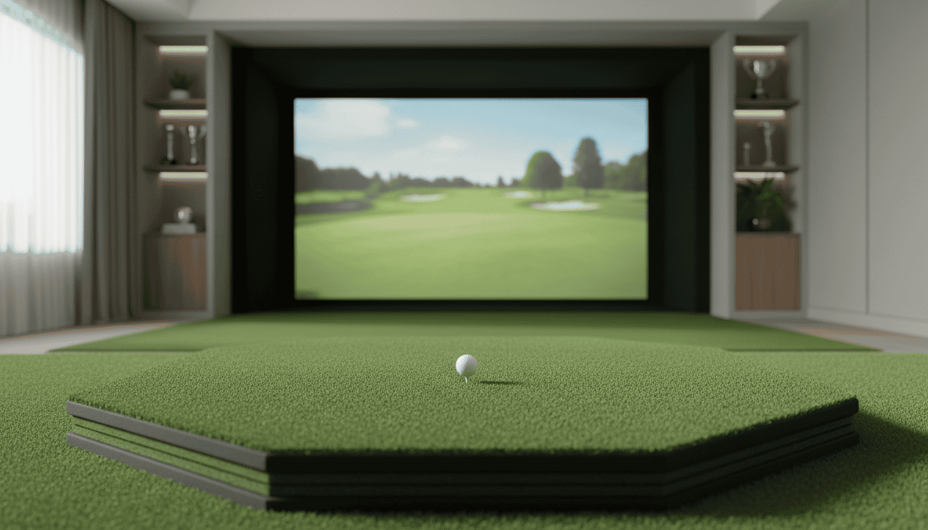 Indoor golf simulator setup with a large screen displaying a golf course, artificial turf, and a golf ball ready for practice or play. Perfect for improving your golf skills at home or in a dedicated.