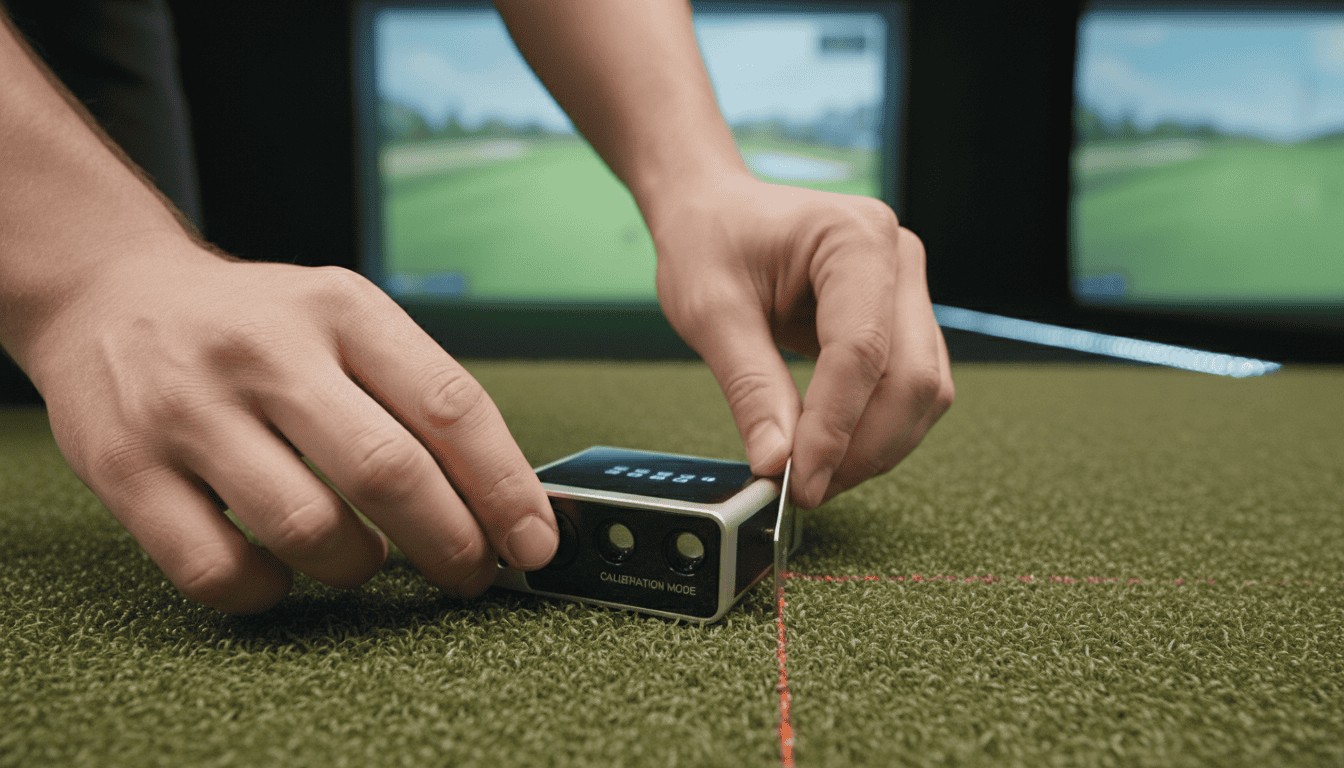 Close-up of hands using a golf laser rangefinder on a golf mat, with screens displaying a golf course in the background. Perfect for golf simulator setup and distance measurement.
