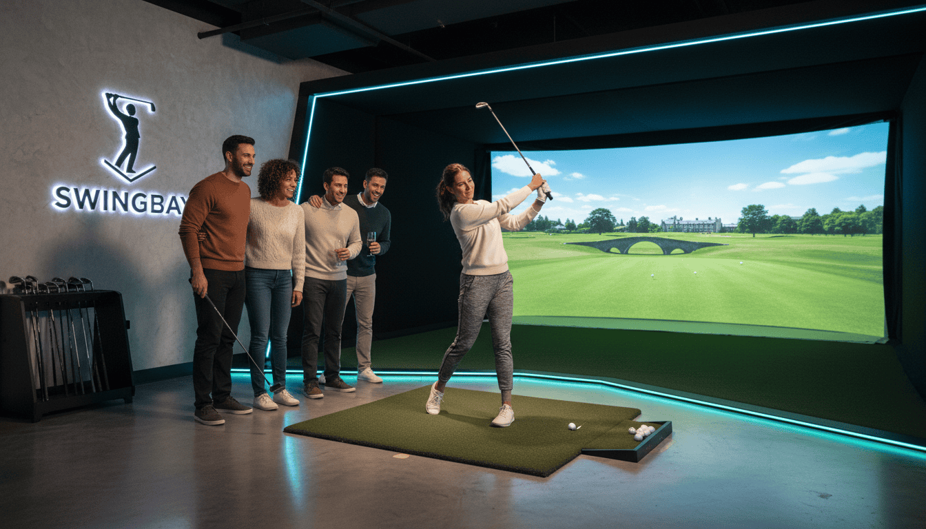 Group of people practicing golf indoors with a simulator, woman swinging club, others watching, modern golf training facility, SwingBay logo visible.