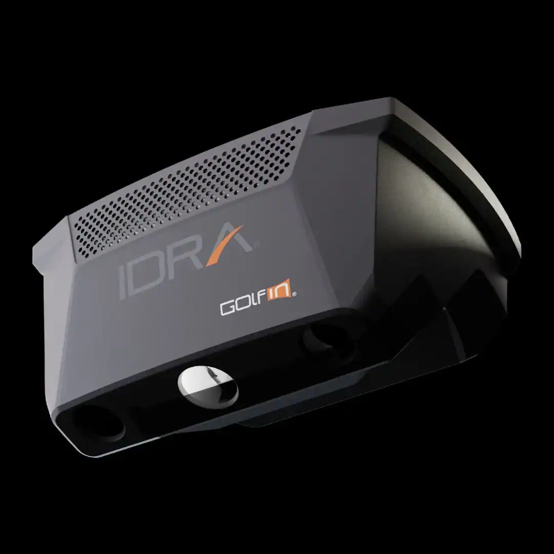 An image of the IDRA II Golf Launch Monitor, showcasing its sleek design and overhead tracking technology for golf swing analysis.
