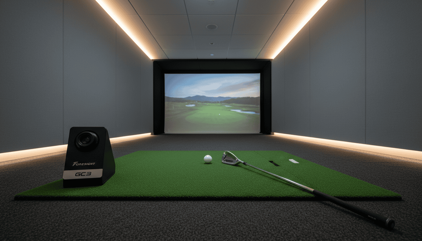 High-quality golf simulator with screen, projector, and hitting mat for indoor practice and entertainment.