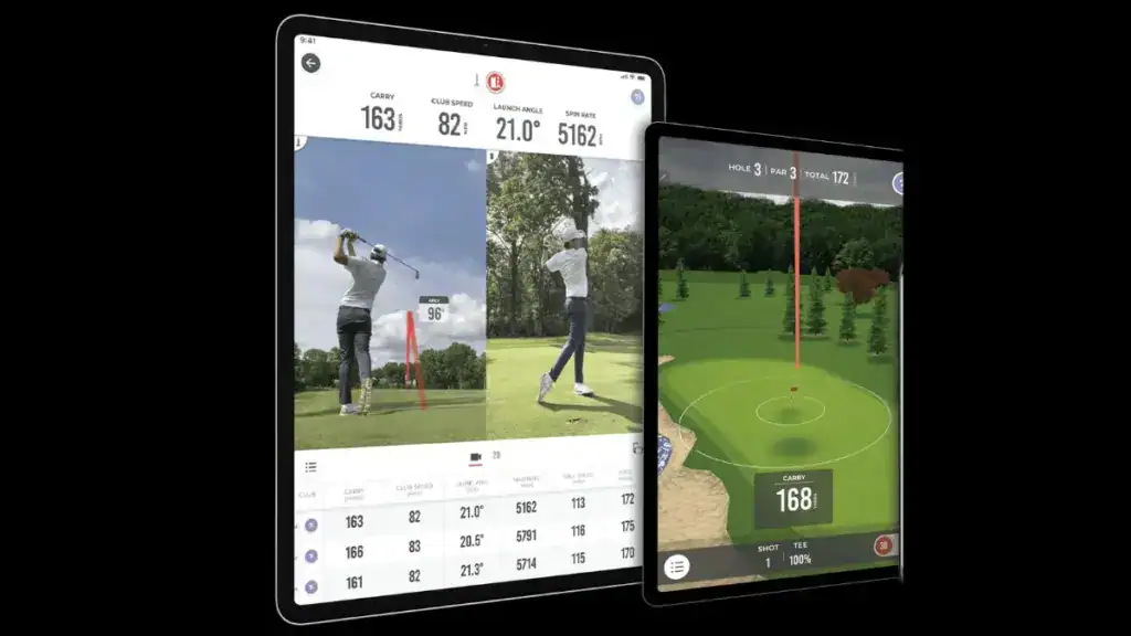 Two golf simulators displaying swing data and virtual course, showcasing advanced golf simulation technology for realistic practice and gameplay.
