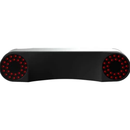 Modern golf simulator LED sensor device with circular red lights for accurate swing analysis and shot tracking. Ideal for indoor golf practice and simulation setups.