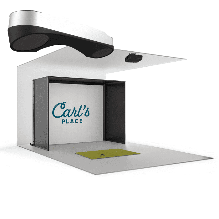 Modern golf simulator with projector, screen, and hitting area at Carl's Place for realistic indoor golf practice and entertainment.
