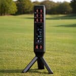 Precision golf swing speed radar gun measuring shot speed and distance on a golf course or simulator. Ideal for golfers seeking to improve their game with accurate data.