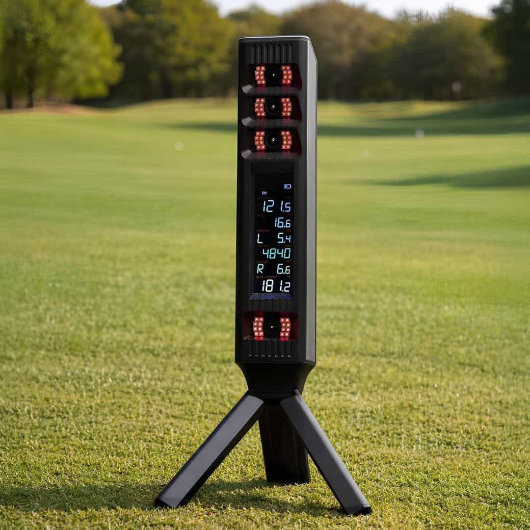 Precision golf swing speed radar gun measuring shot speed and distance on a golf course or simulator. Ideal for golfers seeking to improve their game with accurate data.