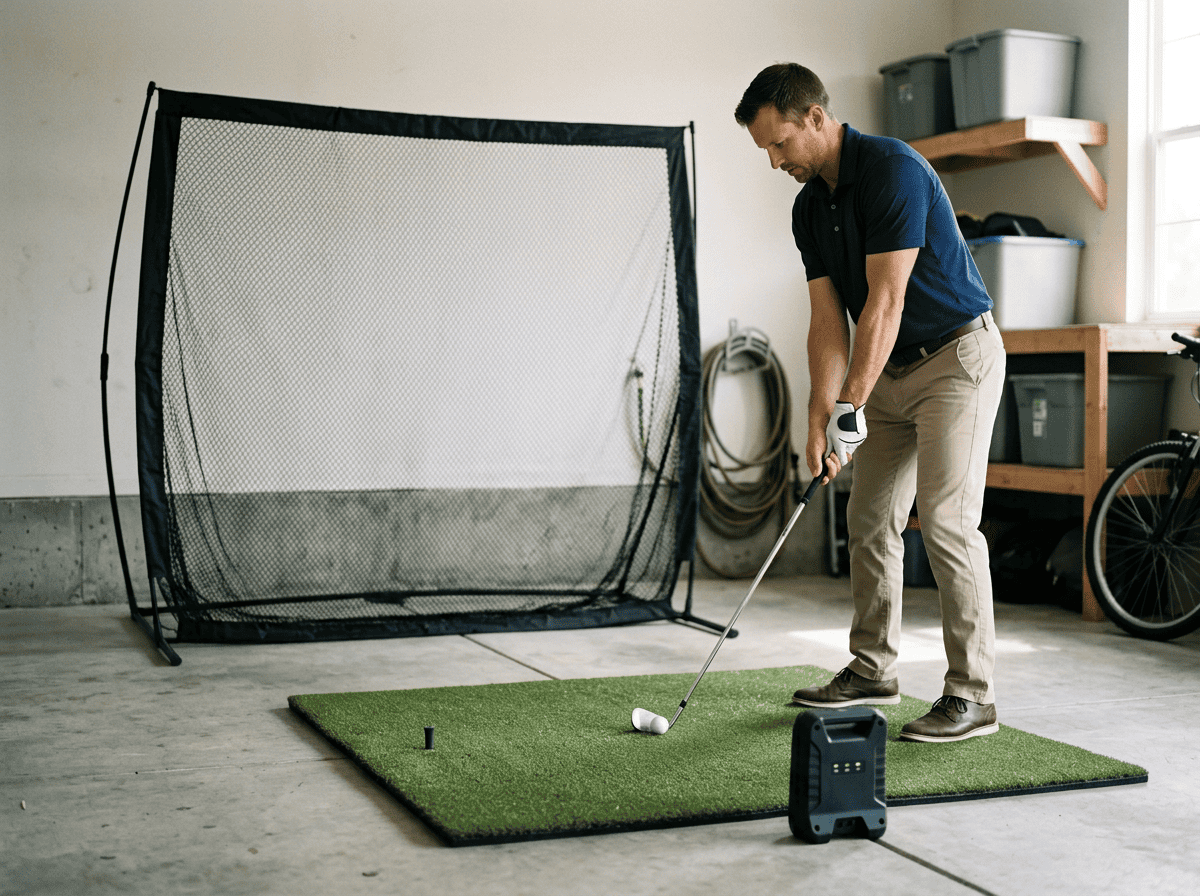 Minimalist home golf simulator starter setup with hitting mat, net, and launch monitor