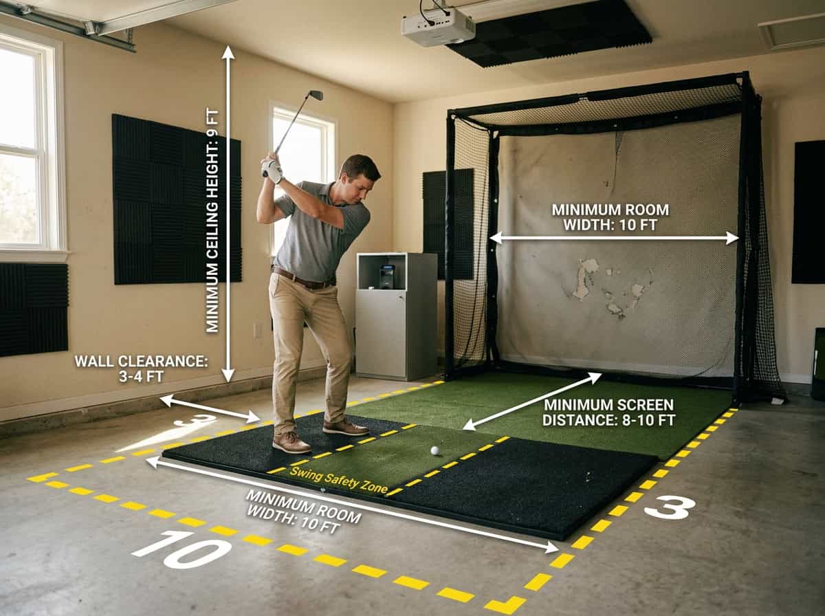 Diagram of home golf simulator room dimensions and safety clearance zones
