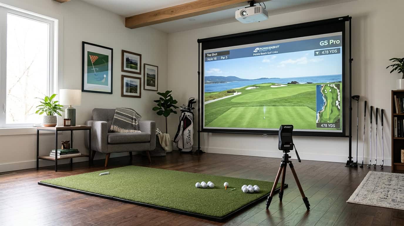 Modern golf simulator room featuring a large screen, golf clubs, and a putting green mat for indoor practice and entertainment.