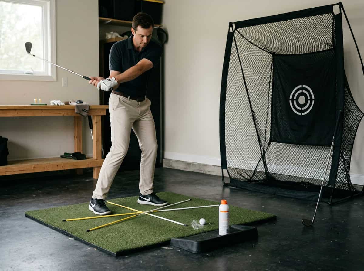 Man practicing golf swing indoors with golf simulator setup, hitting a ball towards a target net for improved accuracy and technique.