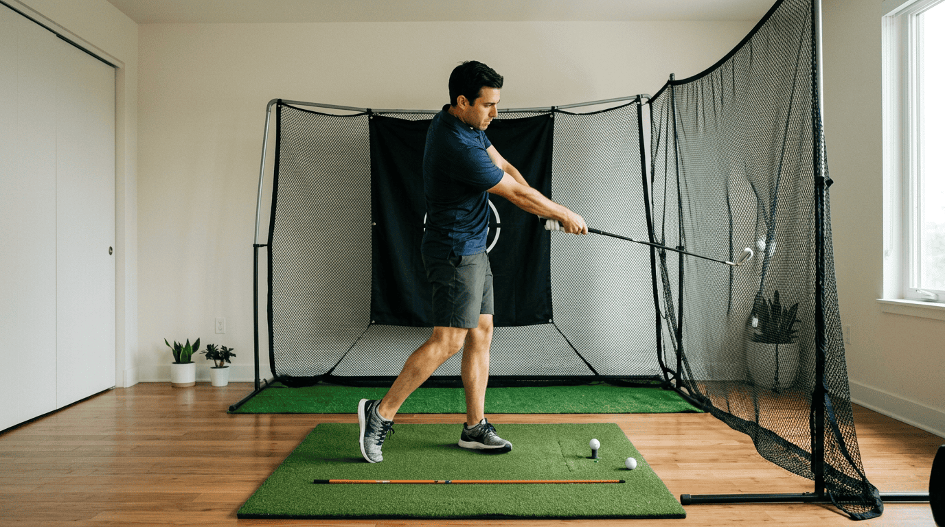 Man practicing golf swing indoors in a dedicated golf simulator room with net enclosure, artificial turf, and natural lighting.