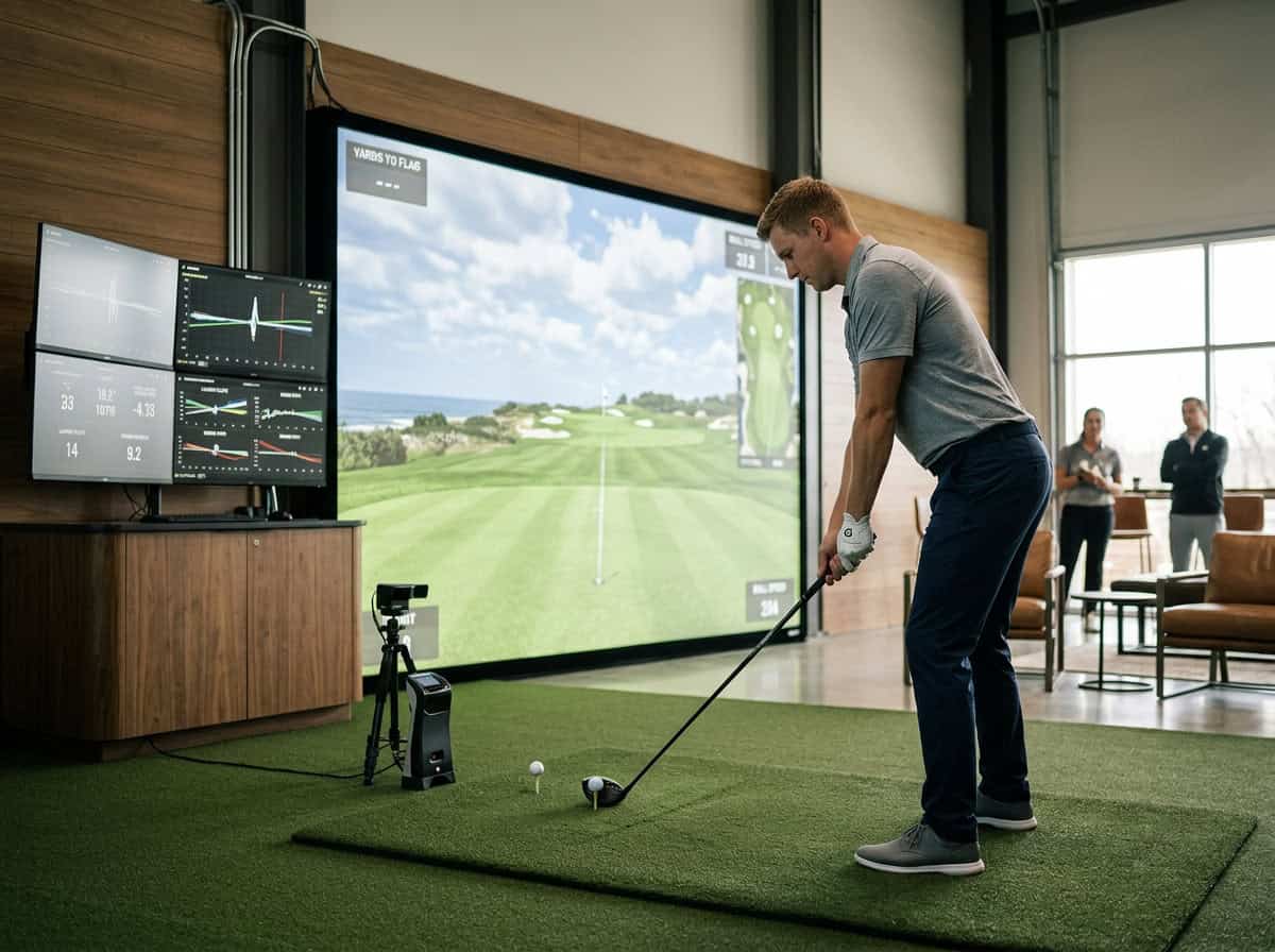 Man practicing golf swing in indoor golf simulator with digital screens showing course data and analytics.