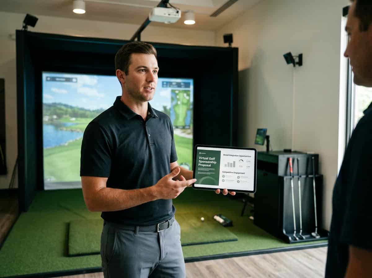 Man presenting golf simulator features on a tablet in a golf simulation room with screens showing golf courses.
