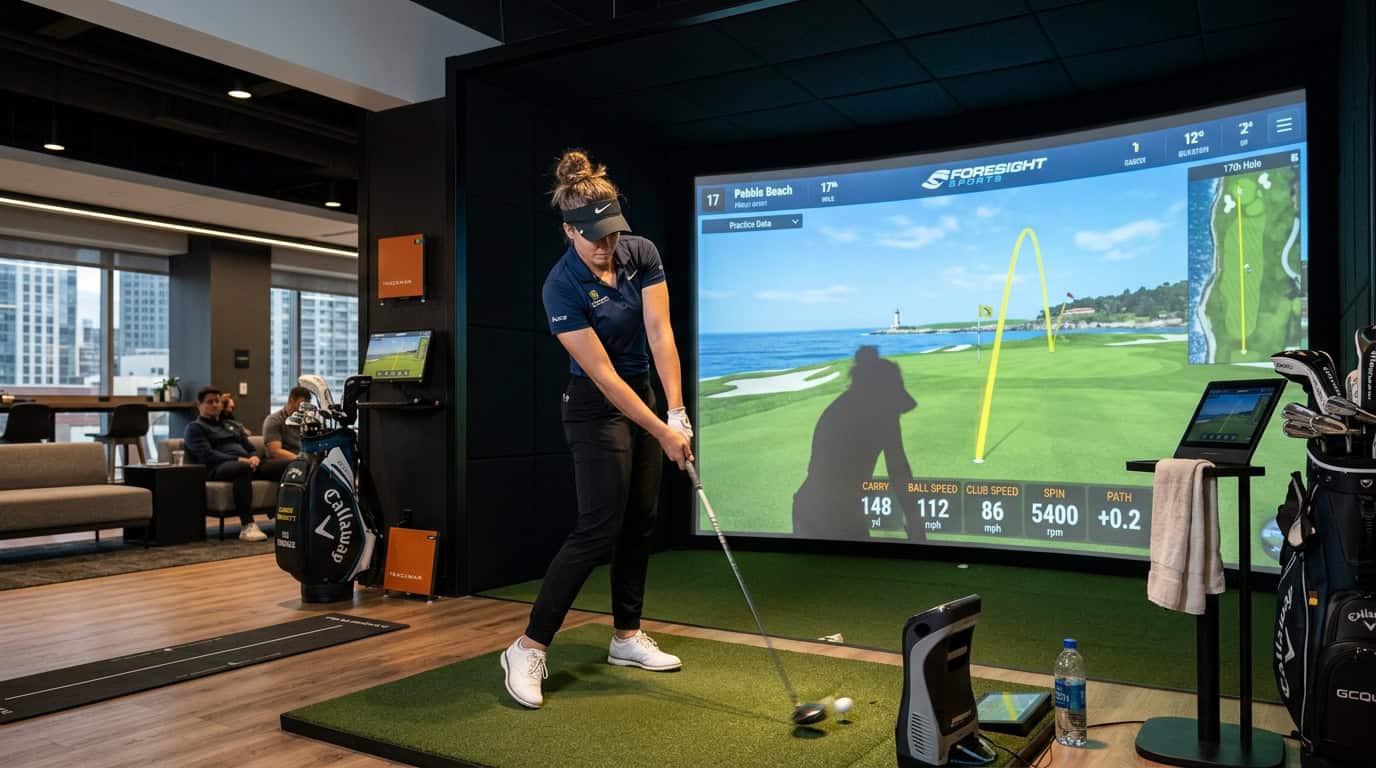 Woman practicing golf swing on a high-tech golf simulator with digital course display in a modern indoor space.