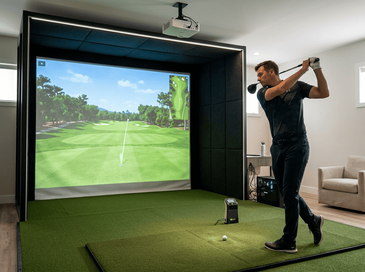 Home golf simulator setup with projector and impact screen