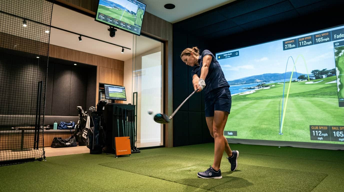Indoor golf simulator setup with a player practicing swing, digital course display, and high-tech golf tracking system.