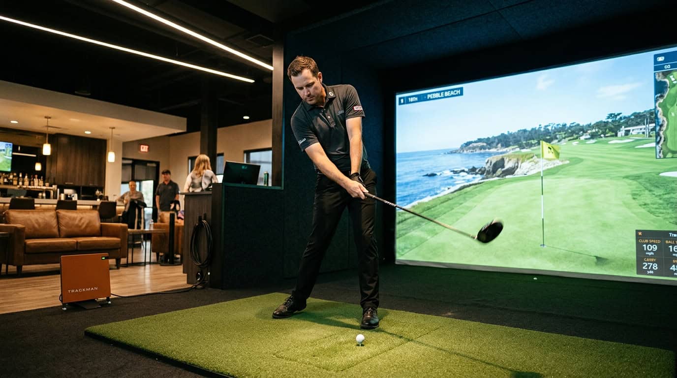 Man practicing golf swing indoors at a golf simulator with a large screen displaying a virtual golf course, ideal for golf training and entertainment.
