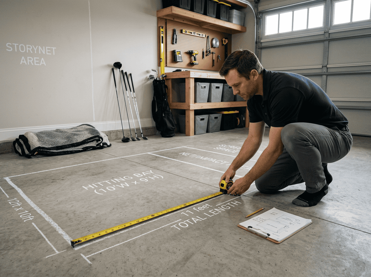 Man measuring golf hitting area in garage for golf simulator installation with tools and equipment nearby.