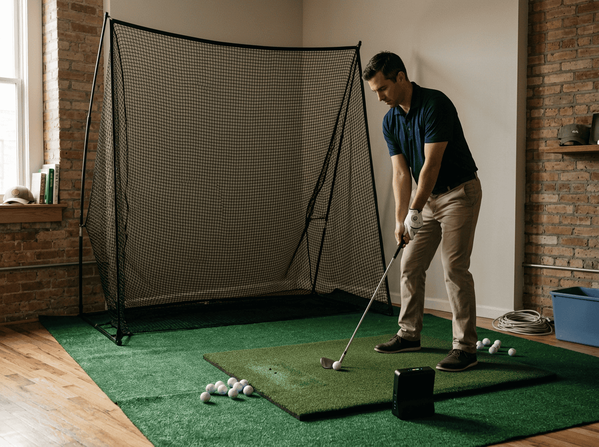 Man practicing golf swings in an indoor golf simulator setup with net, artificial turf, and golf balls.