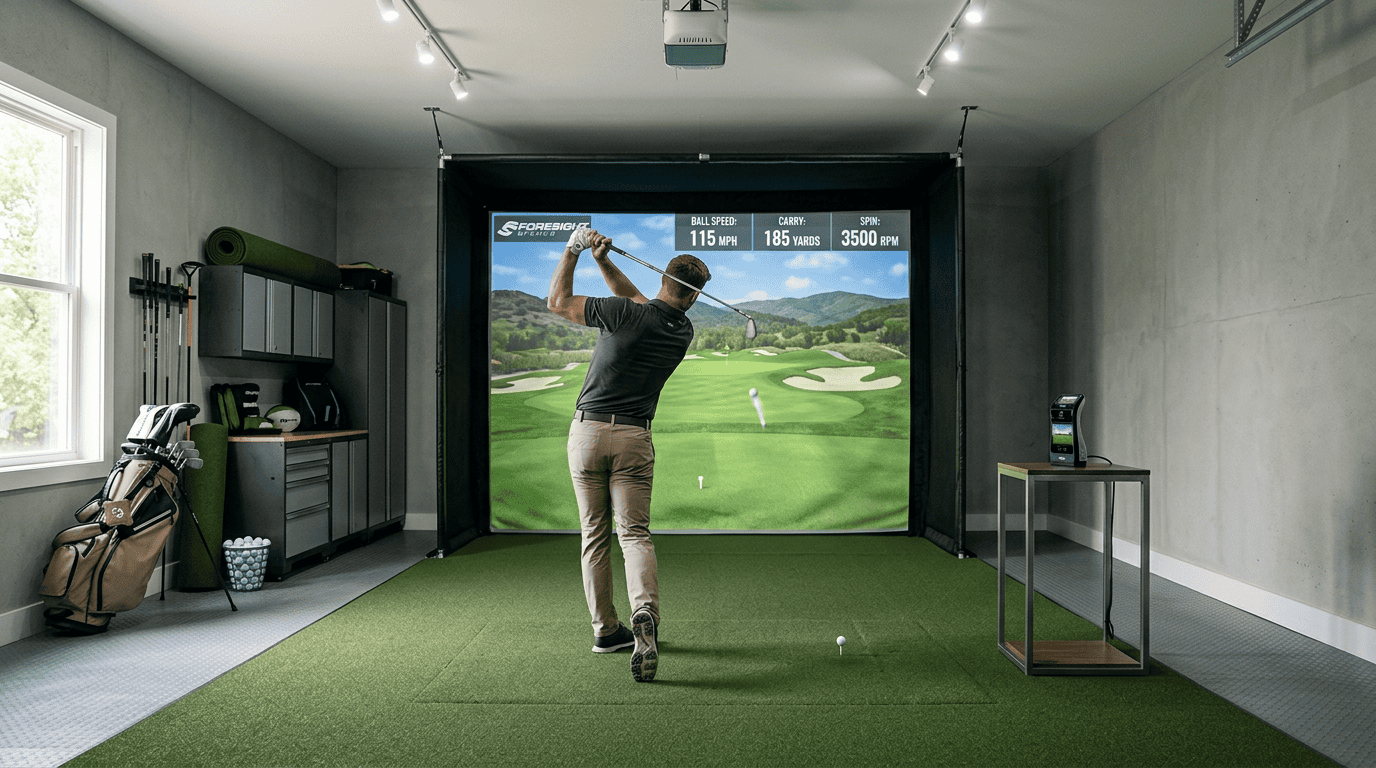 Indoor golf simulator with a player swinging a club, high-resolution screen displaying a golf course, and golf equipment in a modern room.