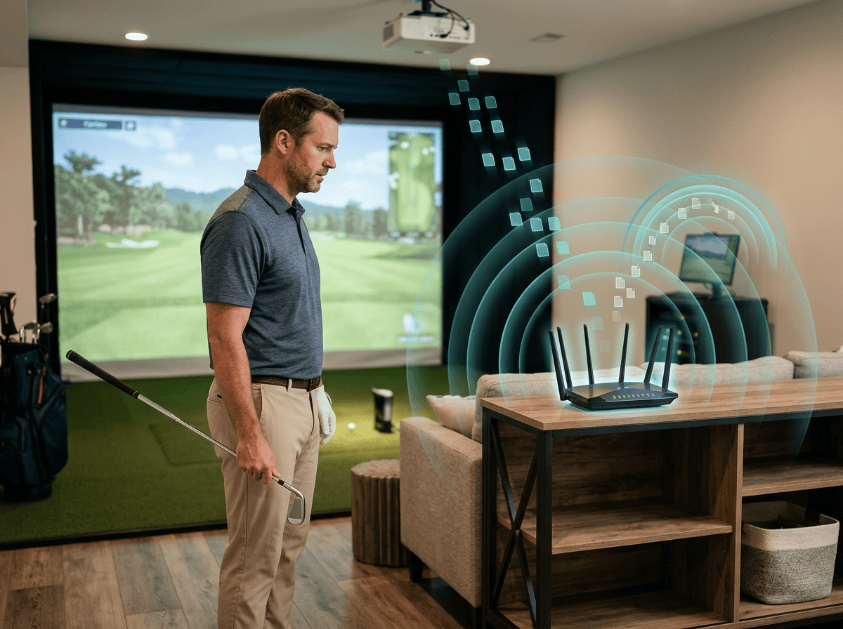 Man practicing golf with a simulator in an indoor golf training room, featuring a large screen displaying a golf course and a wireless router emitting signals for the golf simulator.